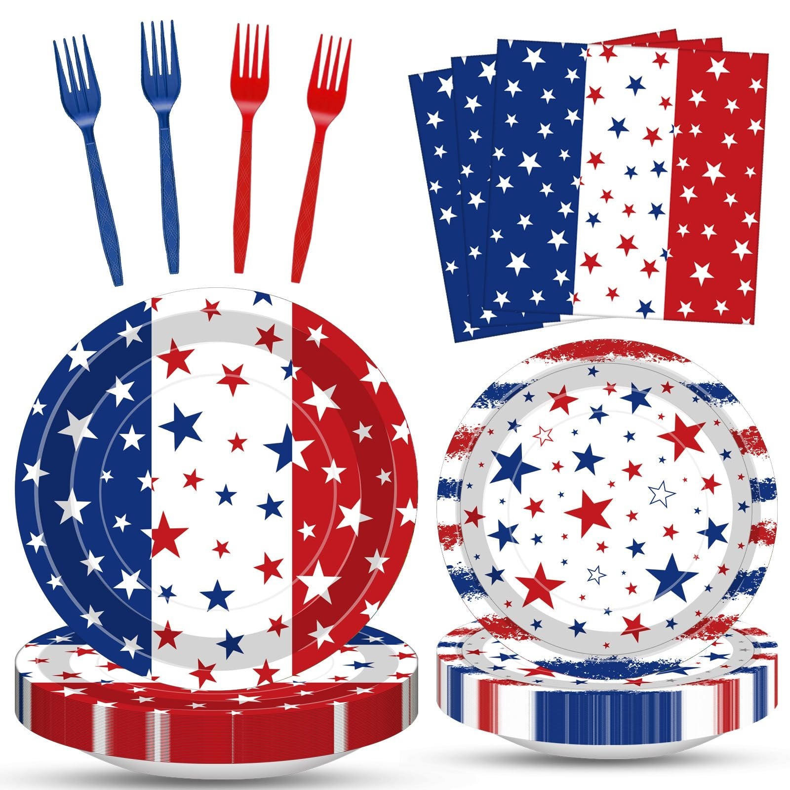 100 Pcs Patriotic Party Supplies Set – Red White Blue Star Plates, Napkins & For