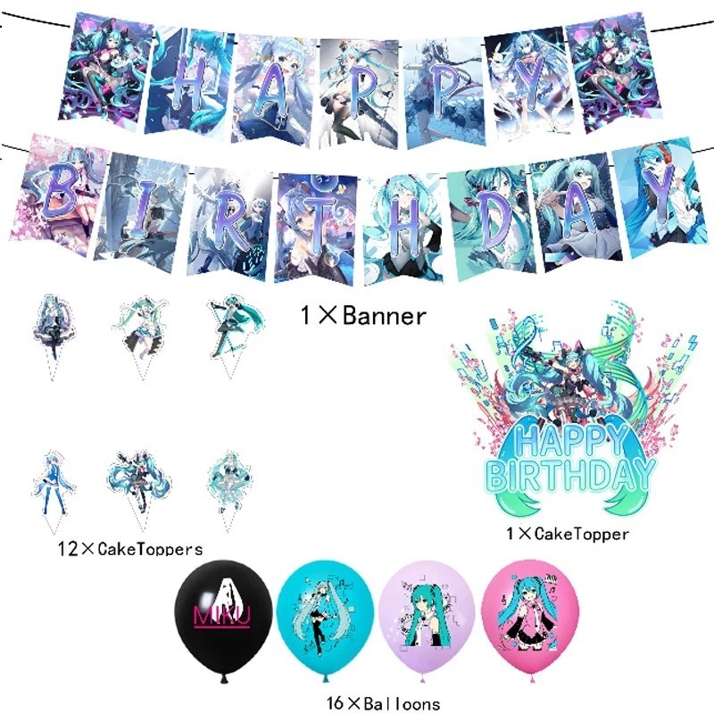 Anime Hatsune Miku Themed Birthday Party Decoration Banner Balloon Cake Topper