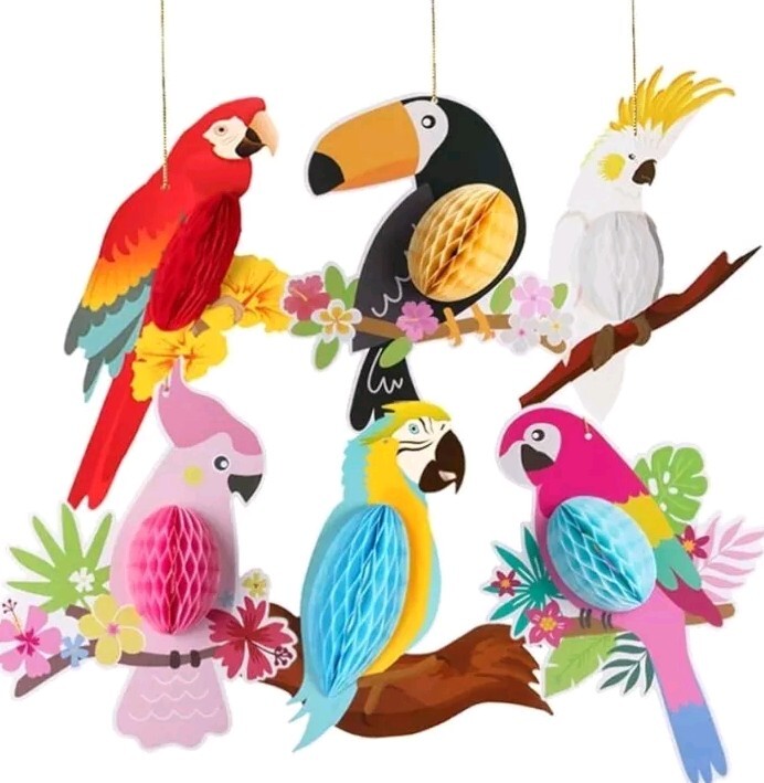 6pcs Tropical Birds Hanging Parrot Paper Colorful Honeycomb Hawaiian Party Decor