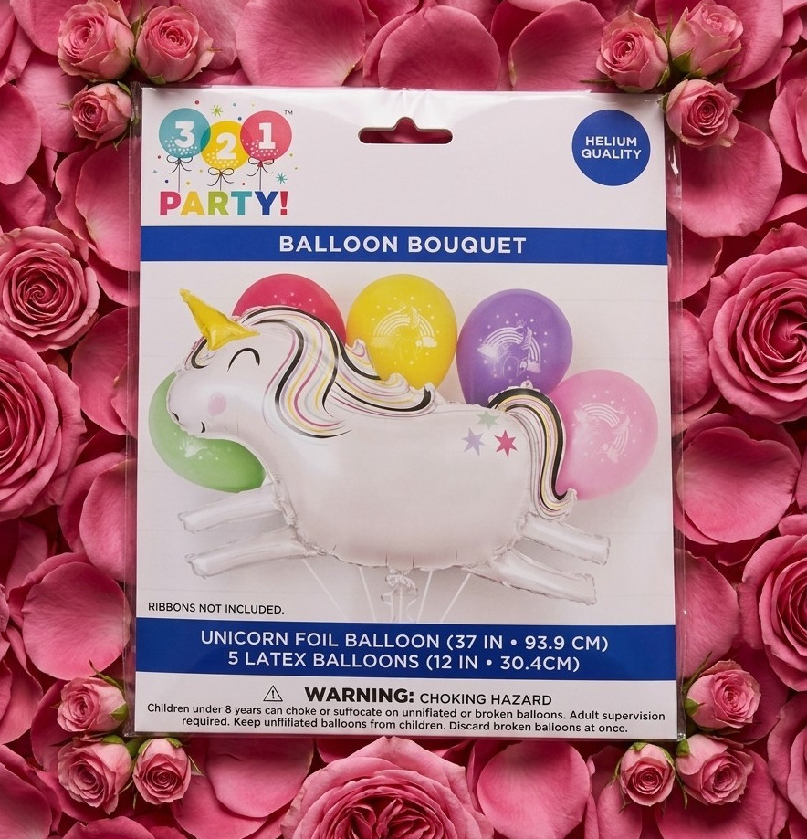 321 Party! Unicorn Balloon Bouquet 37in Foil + 5 12in Latex, Helium Quality