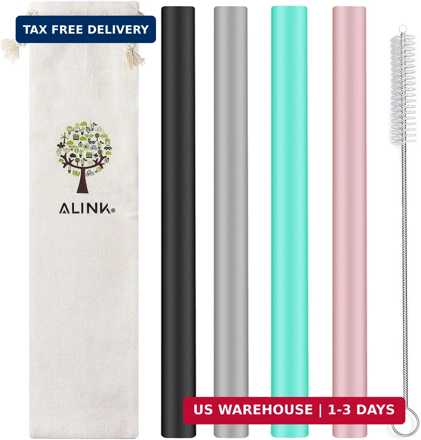 ALINK Reusable Silicone Boba Straws, Extra Large Bubble Tea Smoothie Straws for