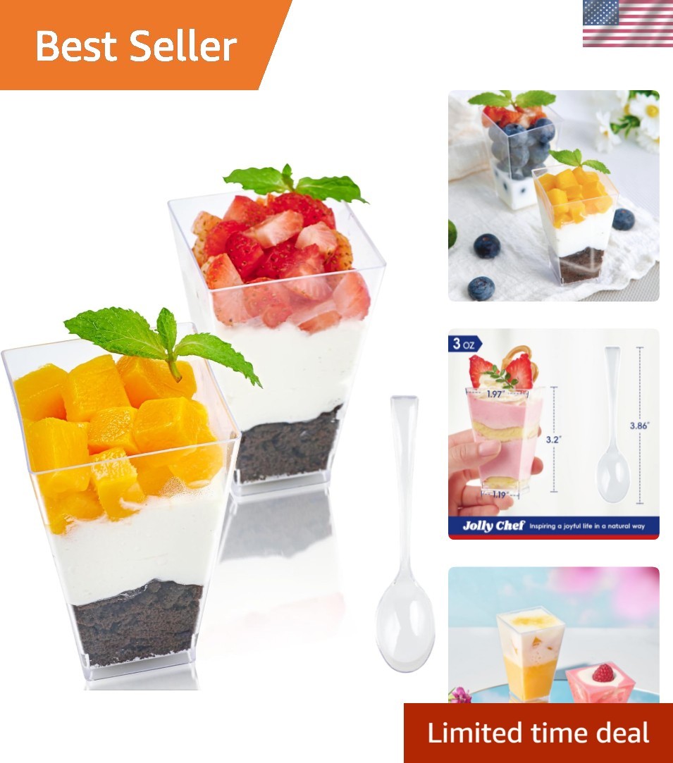 100 Pack 3 oz Square Mini Dessert Cups with Spoons, Clear Plastic Parfait App…