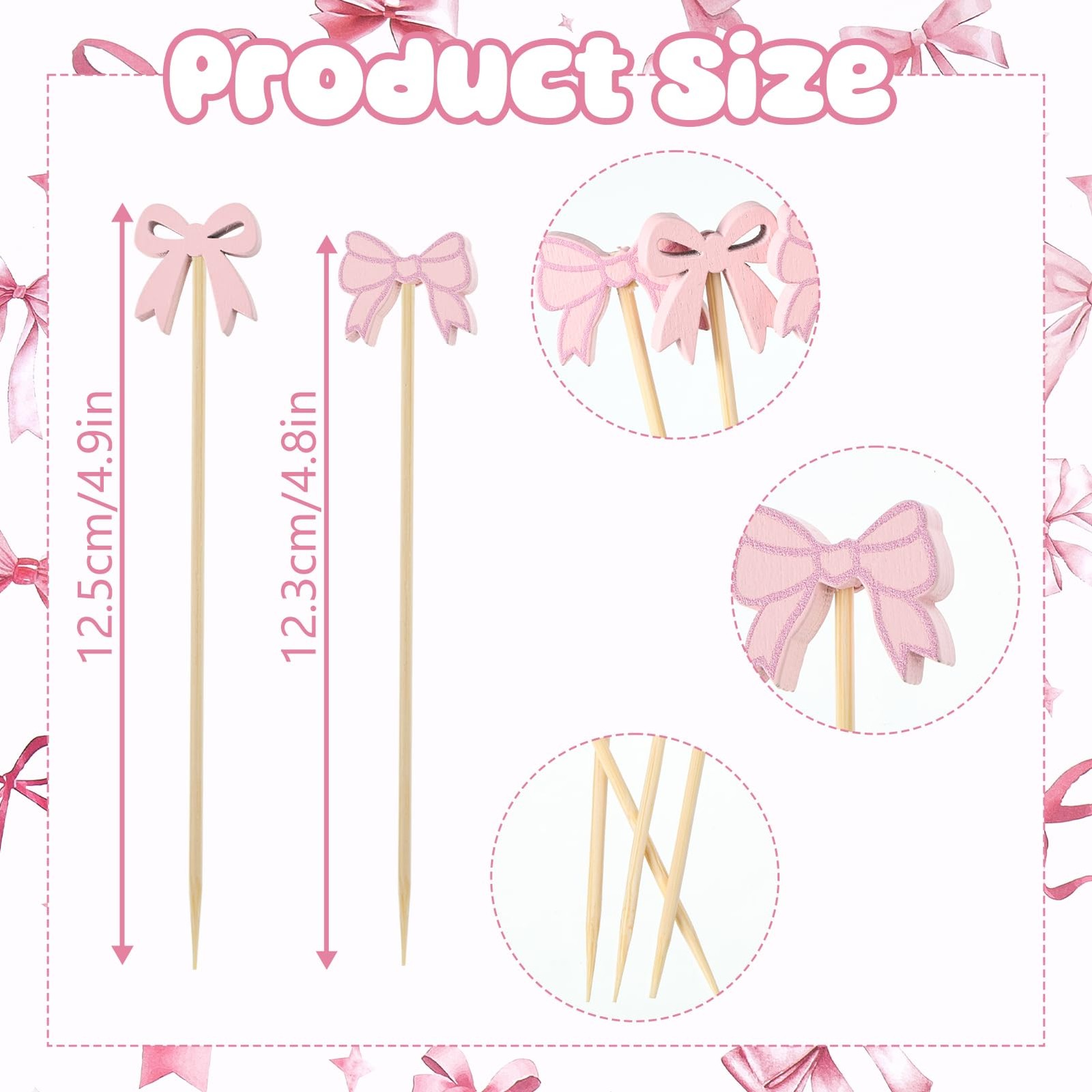 200Pcs Coquette Bow Cocktail Picks,4.7 Inch Pink Bow Toothpicks Bowknot Cocktail
