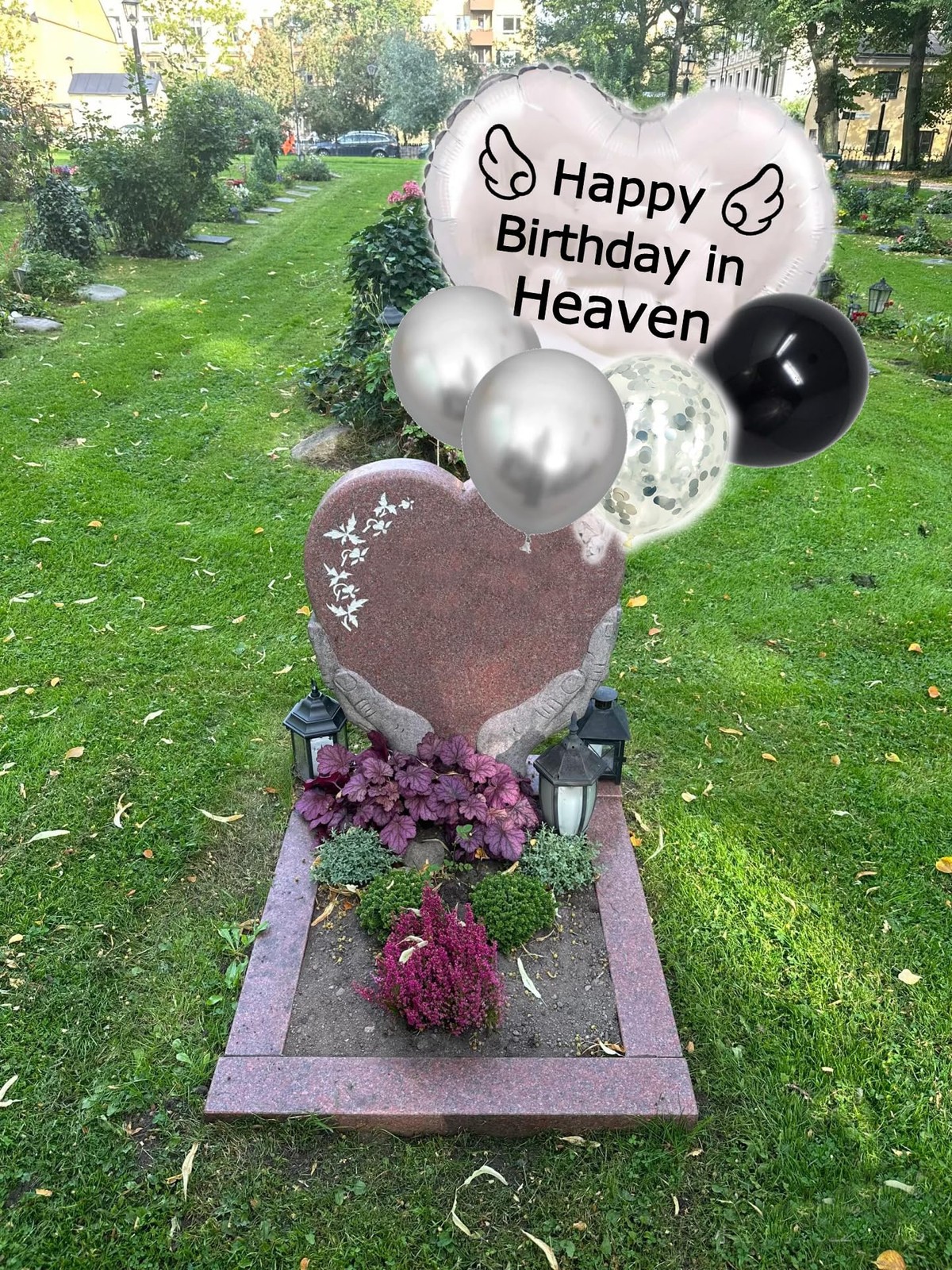 Nine Happy Birthday in Heaven Balloons with String, Silver Balloon Heart-Shap…