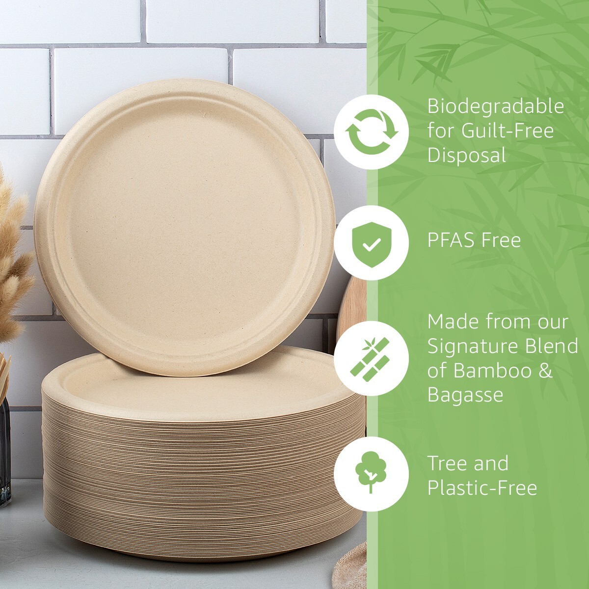Ibambo Bamboo Disposable Paper Plates – 10 Inch, 125 Pack, Compostable Plates