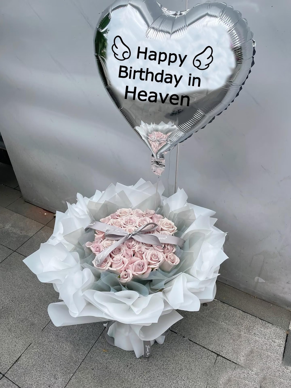 Nine Happy Birthday in Heaven Balloons with String, Silver Balloon Heart-Shap…