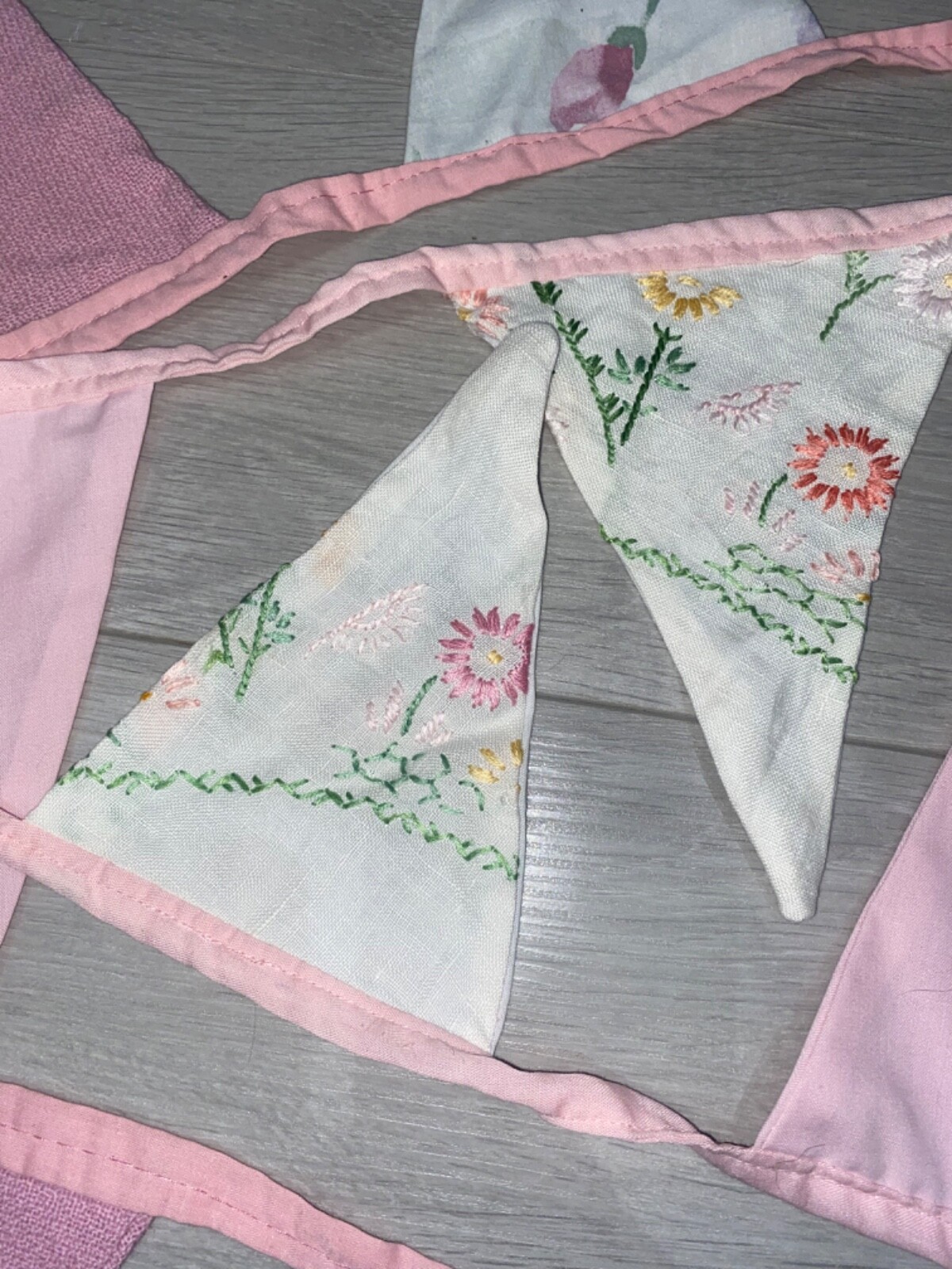 2 x Vintage Embroidered Sampler,Antique Bunting Pink,Tea Party,Nursery Art Deco
