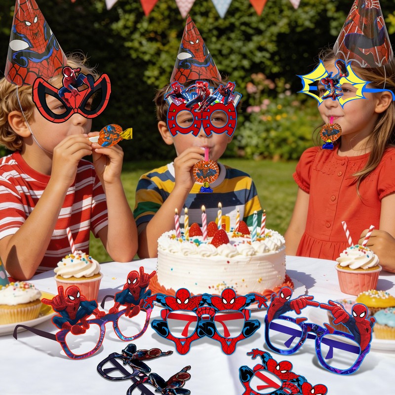 36 Pcs Spider Man Party Favors Marvel Birthday Cake Hat Blowout Photo Booth Prop