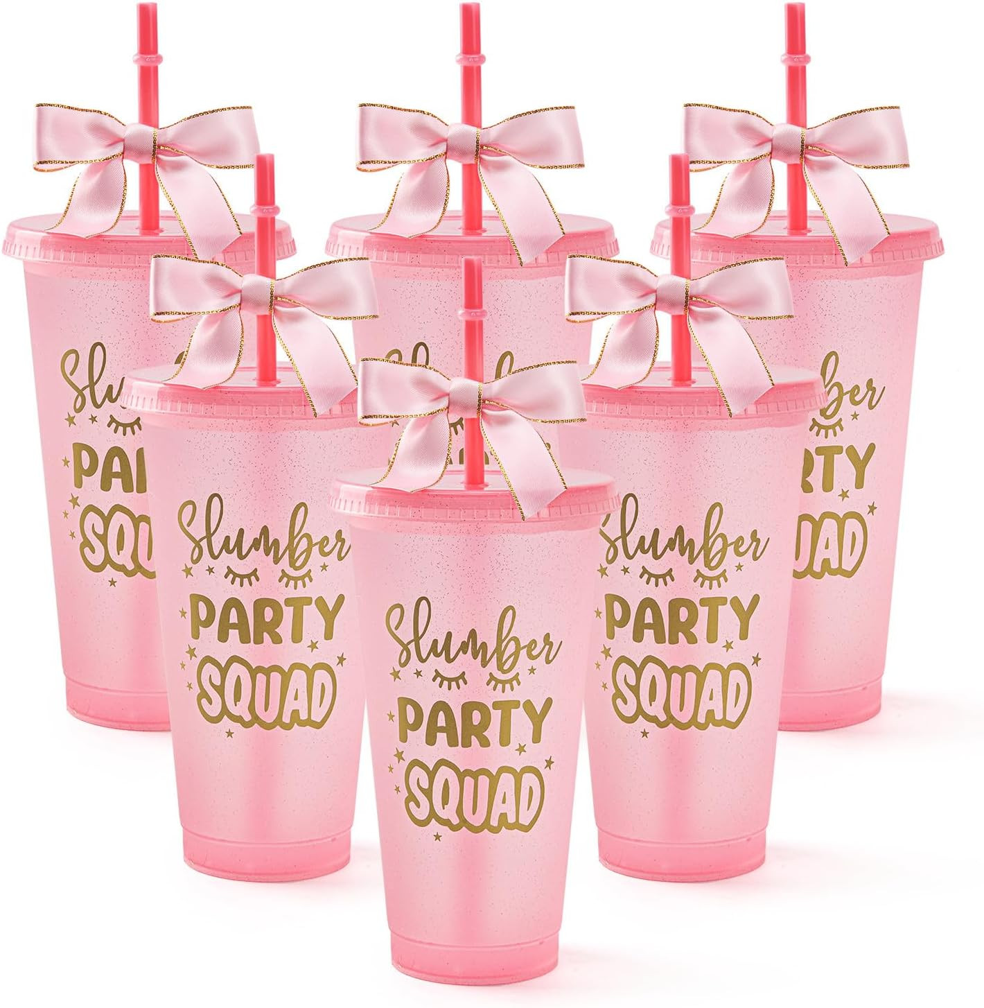6 Set Slumber Party Plastic Cups with Lid Straw and Twist Bow 24 Oz Sleepover Tu
