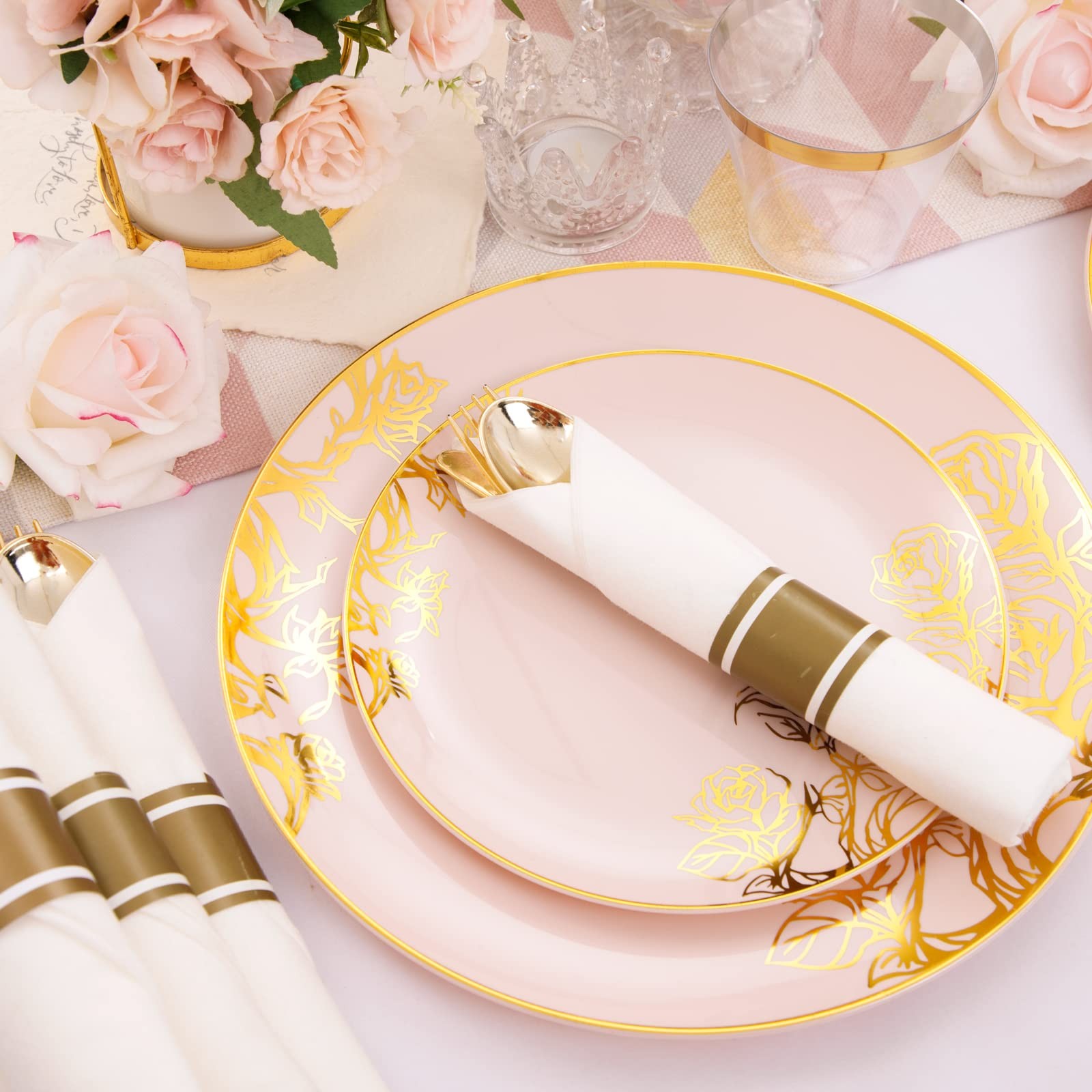 Dayammi 210Pcs Pink Plastic Platespink Gold Floral Disposable Dinnerware Set-30