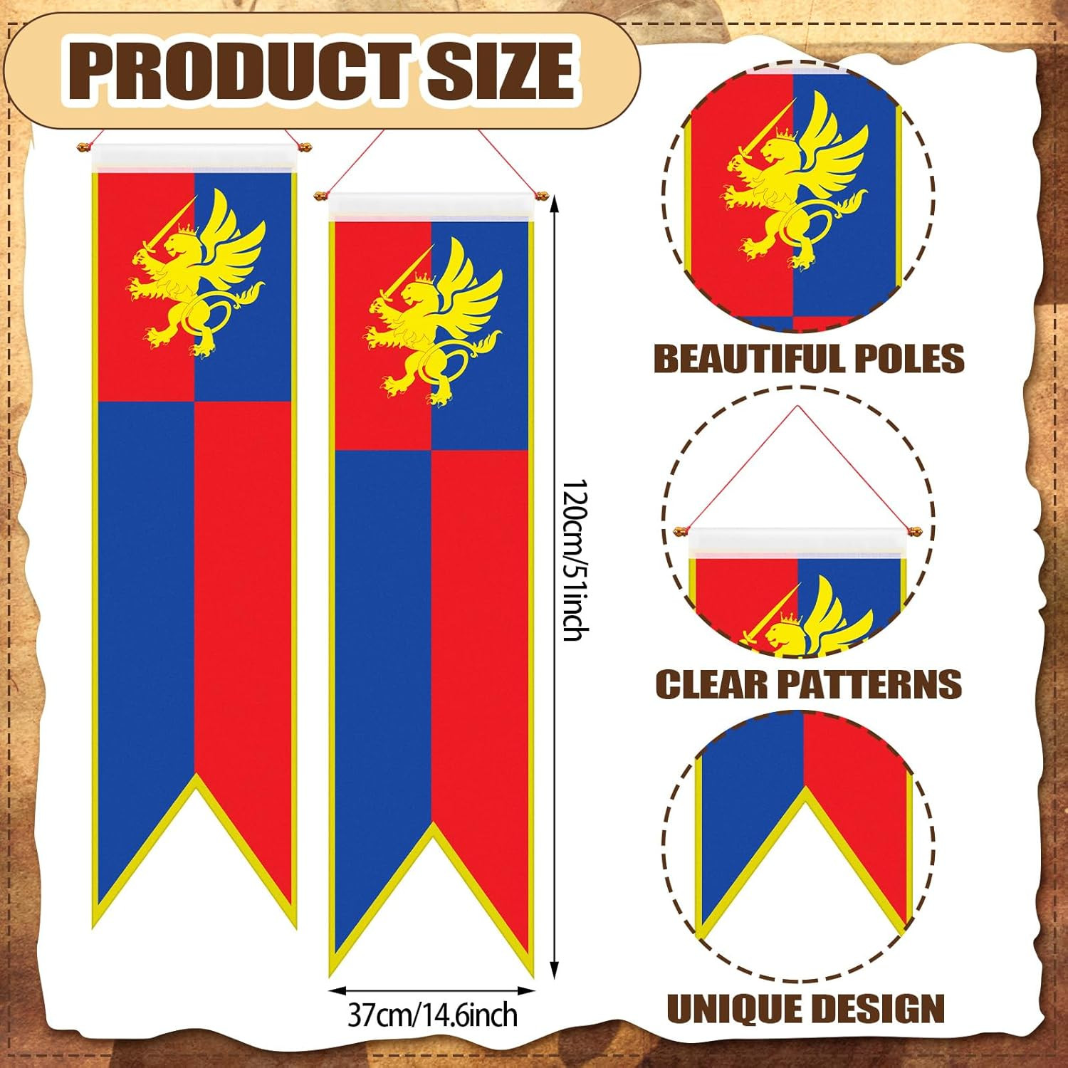 4 Ft Medieval Fantasy Pull-Down Banner with Lion Design Hanging Party Bunting Ba