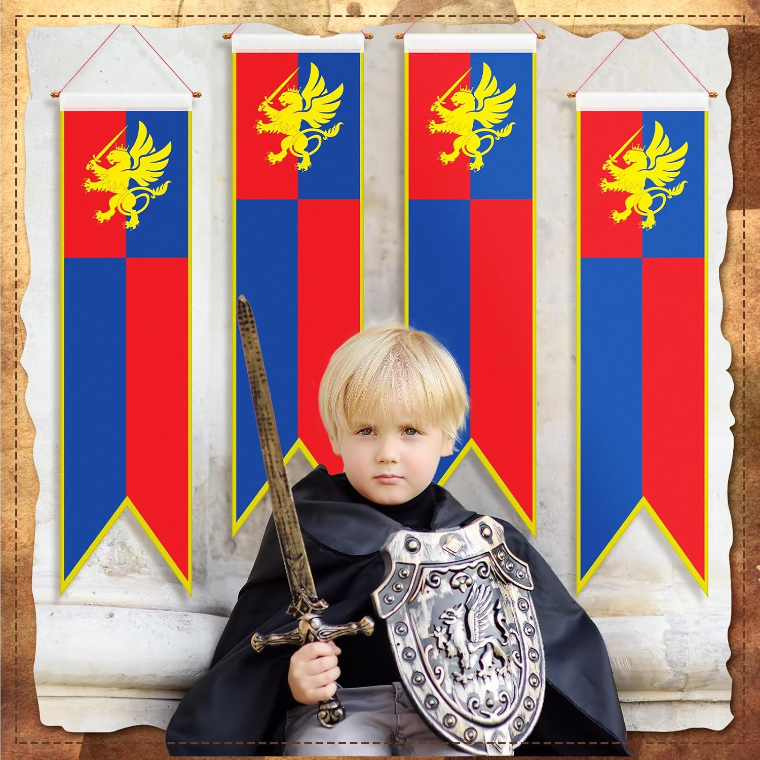 4 Ft Medieval Fantasy Pull-Down Banner with Lion Design Hanging Party Bunting Ba