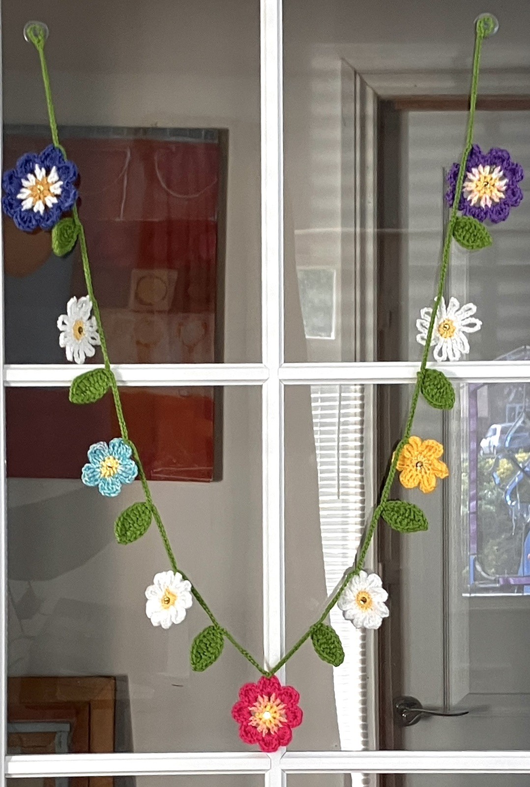🌺 NEW Hand Crochet Flowers window long SUMMER Bunting Sequin Camper 53” Gift