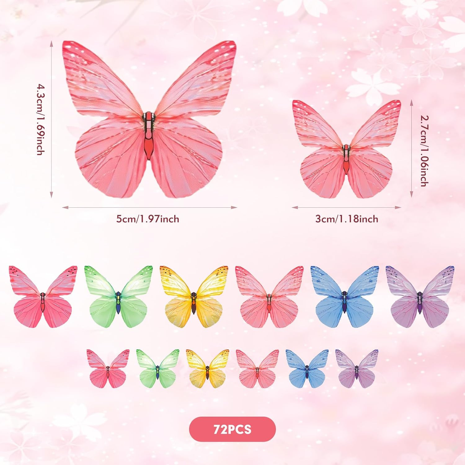 Butterfly Cupcake Toppers 72Pcs Edible Cake Decorations, 6 Colors, Wafer Paper B