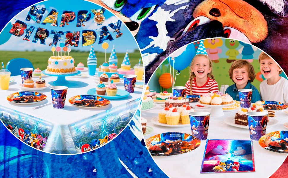 Sonic Party Supplies Tableware 118Pcs Sonic Tablecloth Banner Plates Napkins Cup