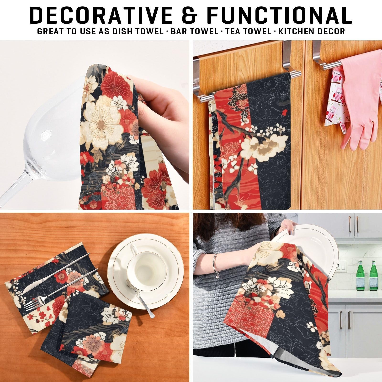 Msyxl Japanese Traditional Floral Kitchen Dish Towels – 6 Pack, 18×28 Inch Soft