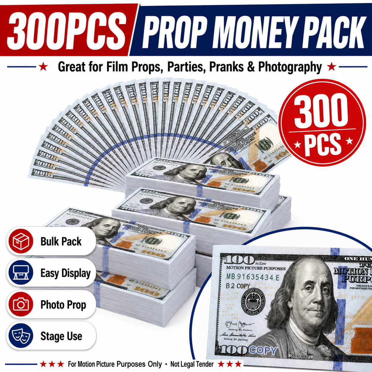 $100 Bills (300pack) Prop Replica Money for Movies, Parties, TikTok & Instagram!