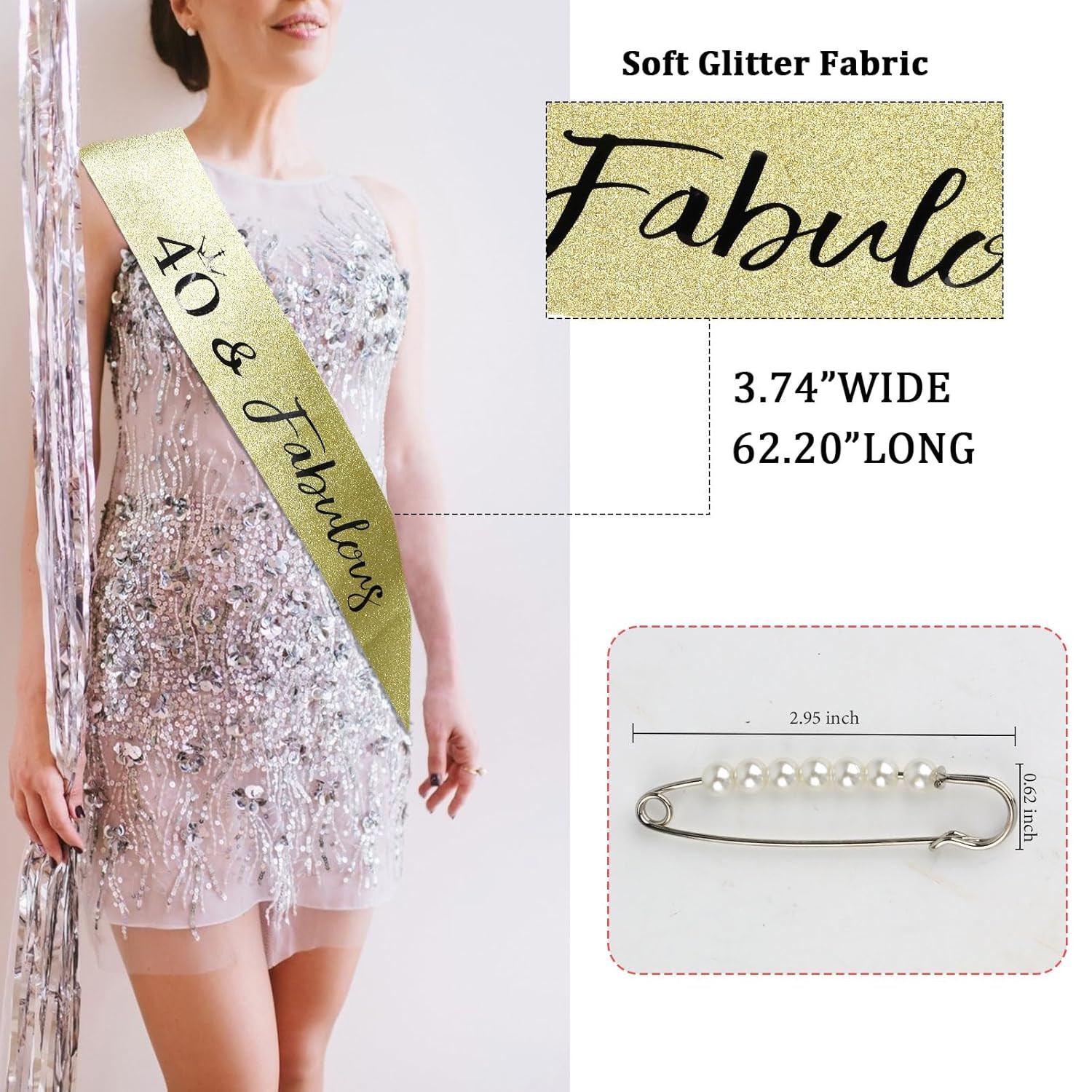 40Th Birthday Crown, 40 & Fabulous Sash, Pearl Pin Set, Tiara Decorations