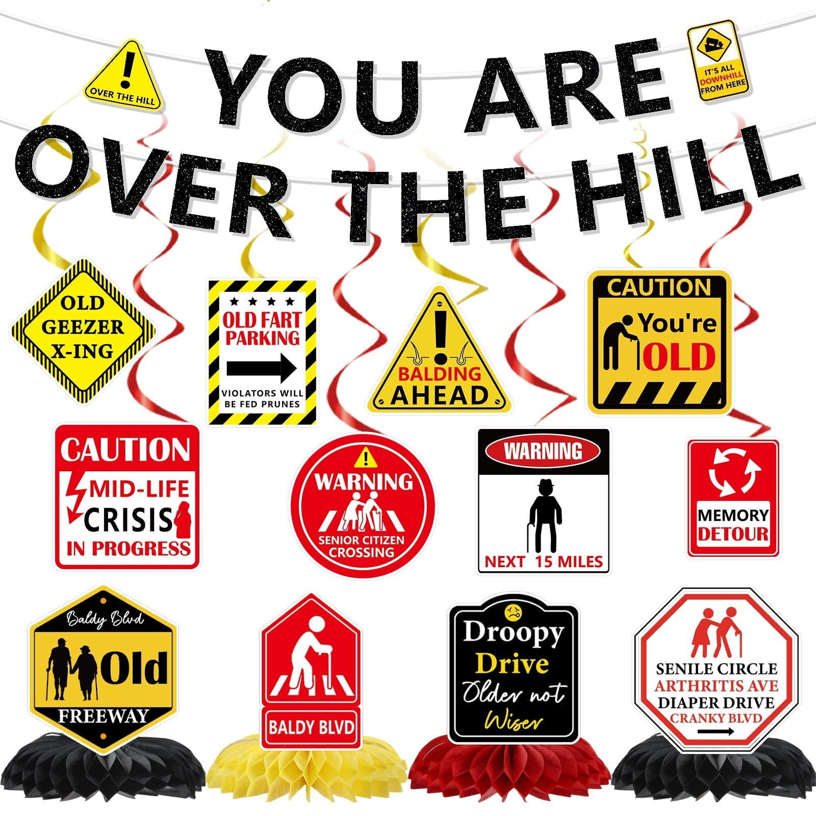 Over The Hill Birthday Decorations Set – 14 Pcs Banners & Swirls for 50th Party
