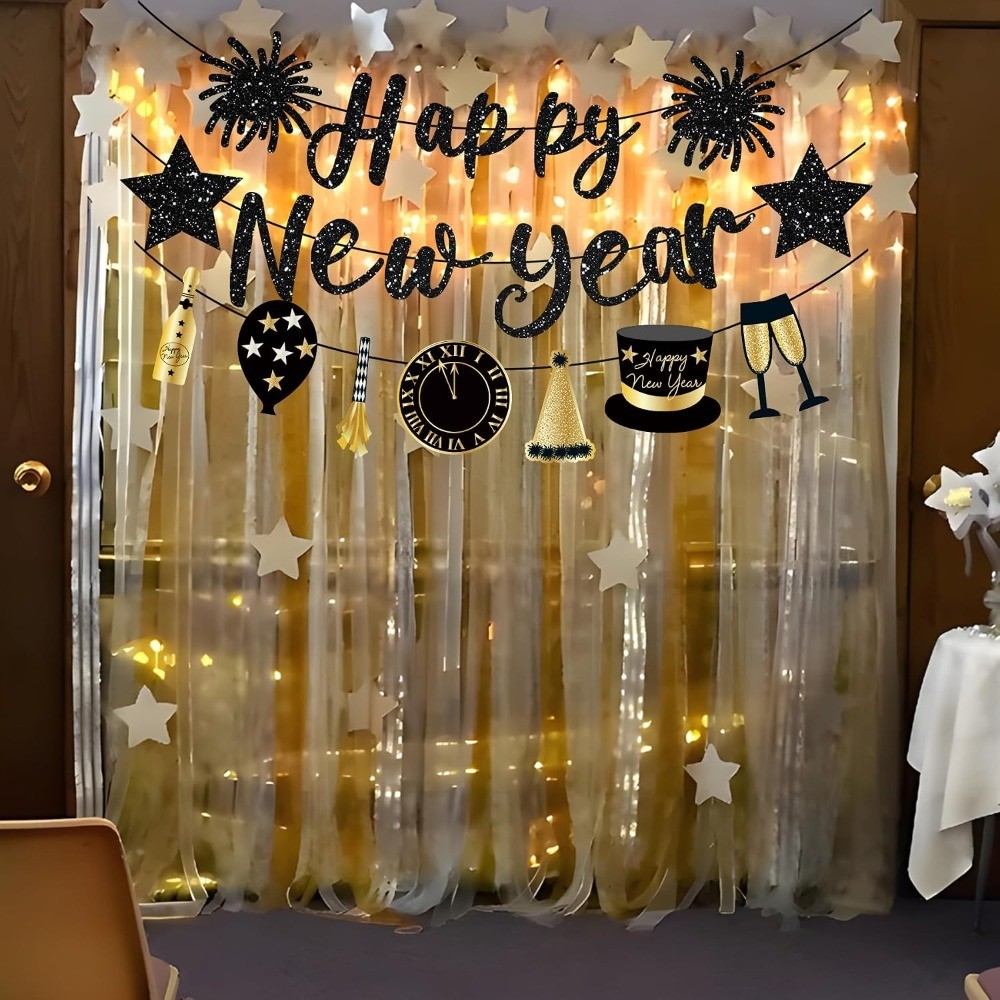Happy New Year Banner Black Glitter Pre-Strung NYE Sign Garland Banner for Happy