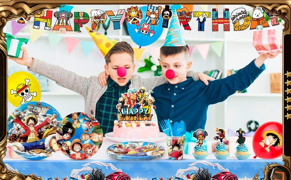 112 Pcs One Piece Party Decorations and Tableware Set Backdrop Plates Banner