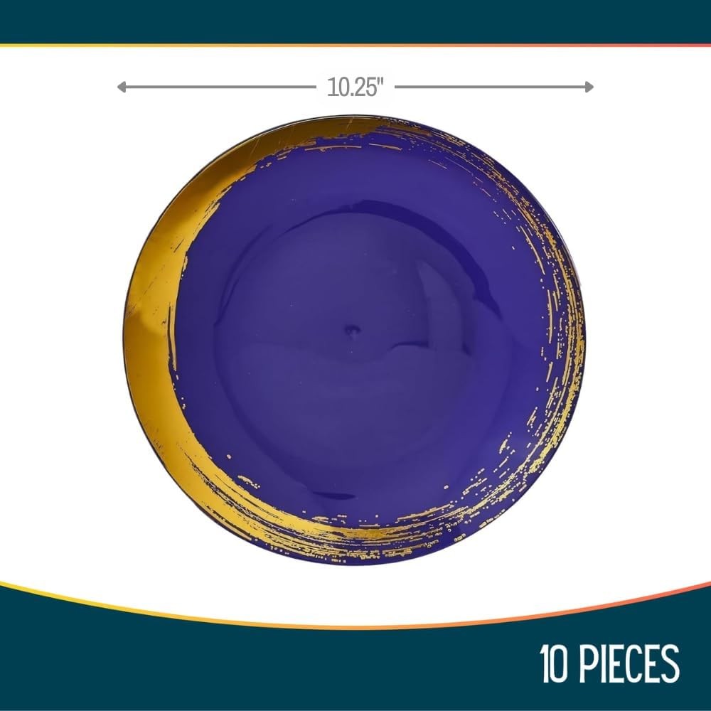Elegant Blue Disposable Plastic Dinner Plates with Brushed Gold Rim – 10.25″