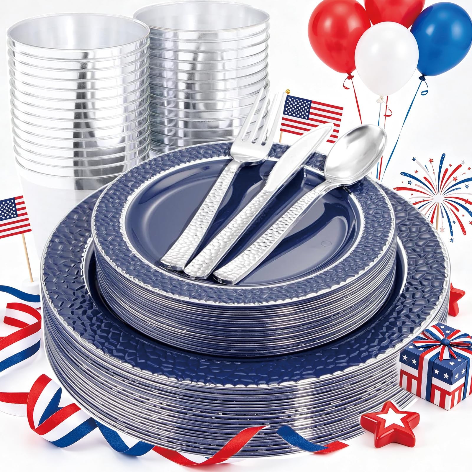 150 PCS Blue and Silver Plastic Plates – Blue Disposable Plate include 50 Pla…