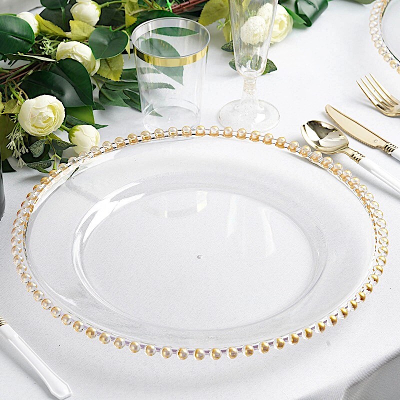 24 CLEAR GOLD 12″ Round Beaded Rim Charger Plates Wedding Reception Supplies