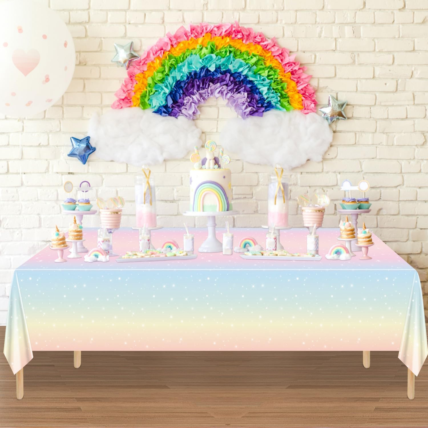 4 Pack Pastel Rainbow Tablecloths, 51X108” Plastic Disposable Rectangle Pastel