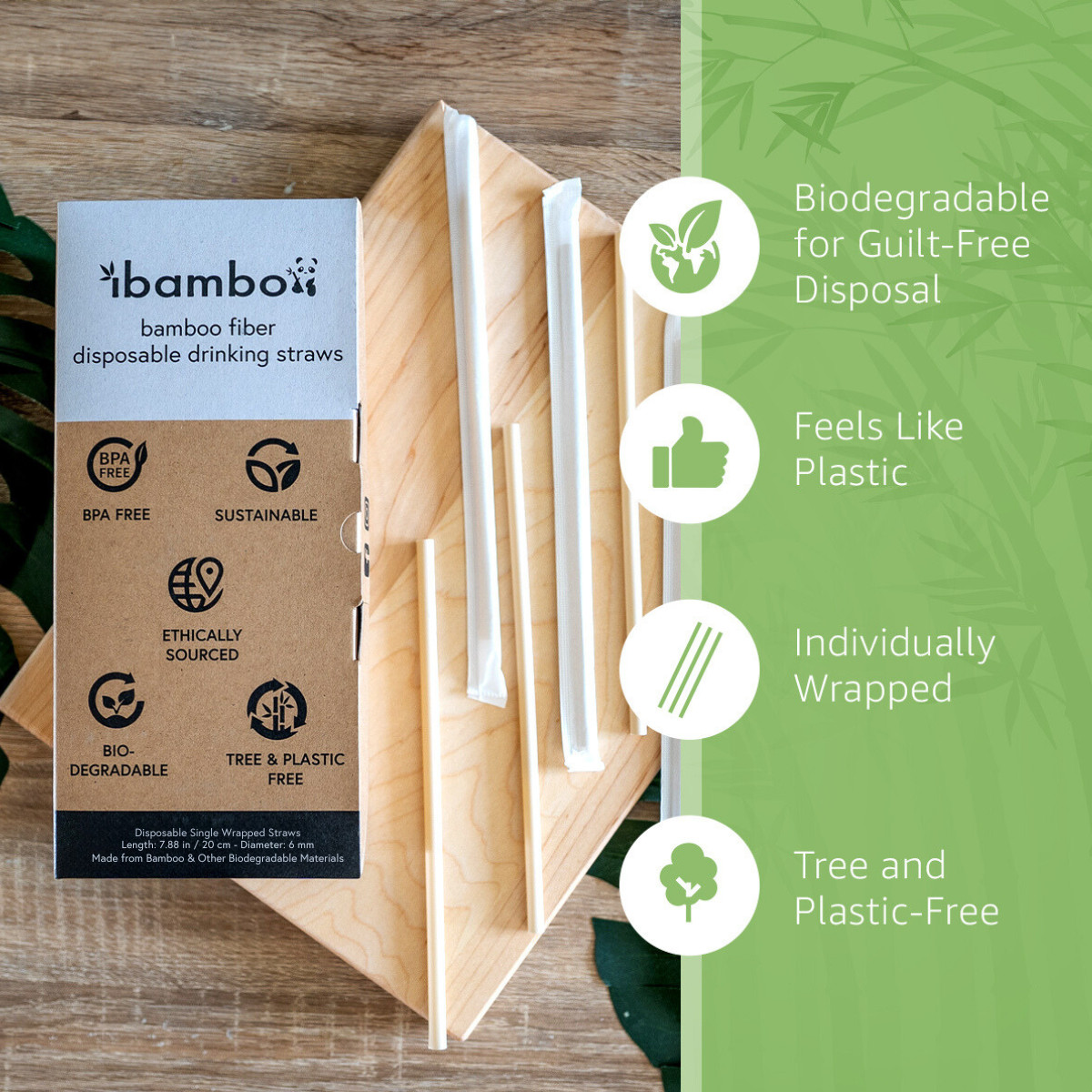 Ibambo Bamboo Disposable Straws – 1000 Pack, Single Wrapped Compostable Straws