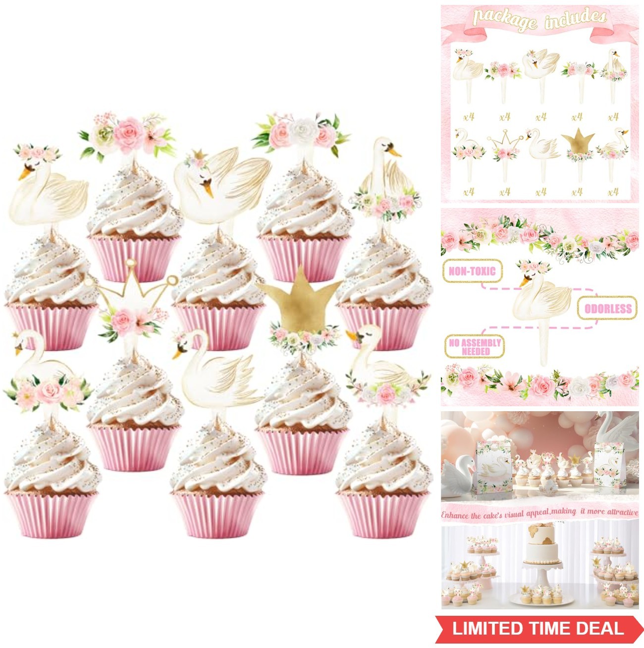 Swan Cupcake Toppers 40 Pack White Plastic Elegant Party Decorations Birthday