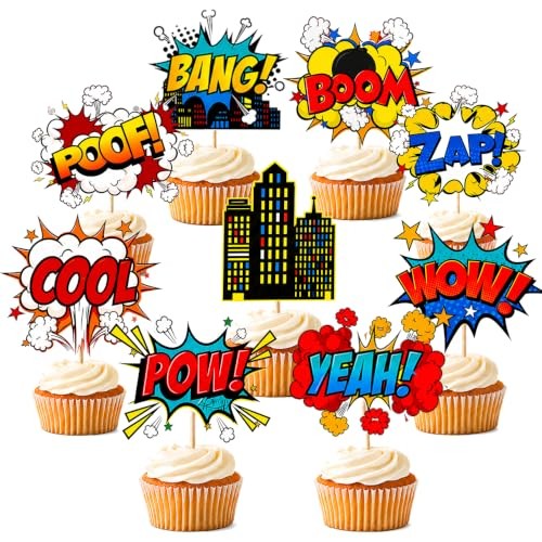 Hero Cupcake Toppers 36 PCS Hero Decorations Smash Crash Pow Picks for Hero