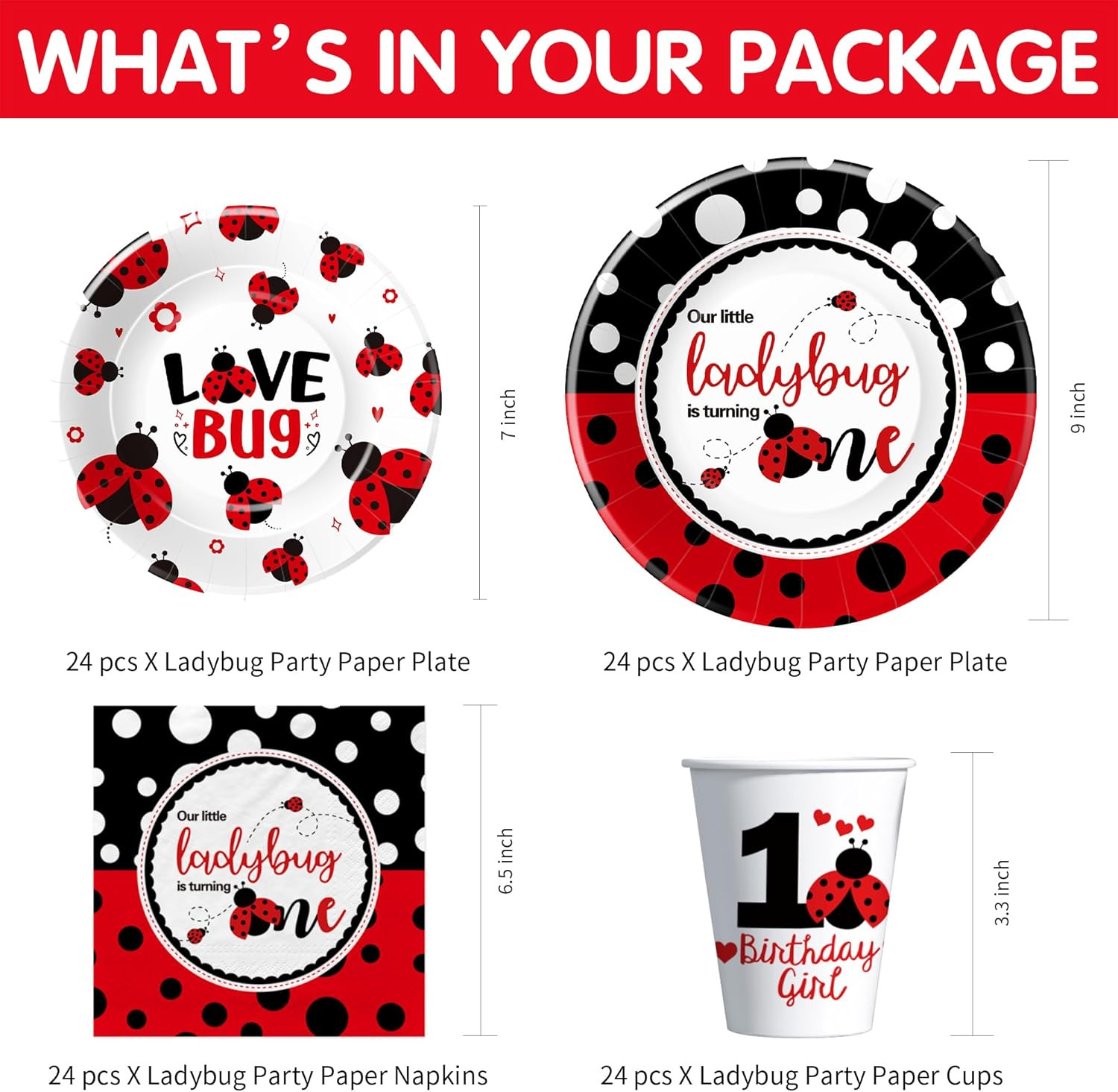 Ladybug 1st Birthday Party Supplies Set Tableware Kit for 24 Guests