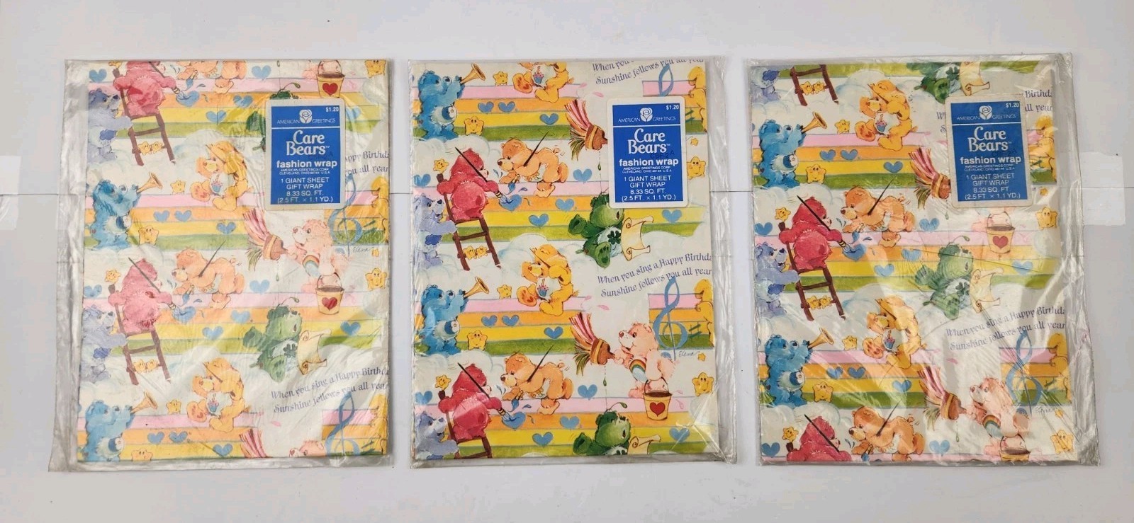 3 Pack Vintage CARE BEARS American Greetings “Happy Birthday” Gift Wrap NOS