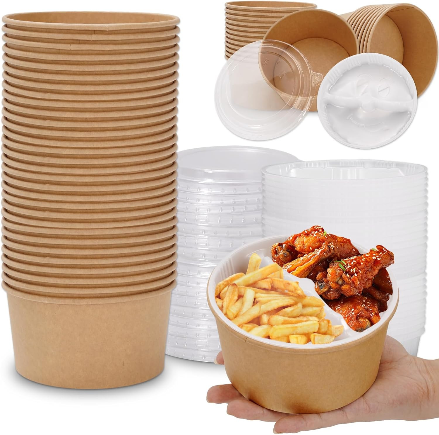 50 Pack Kraft Paper Bowls with Lids Inner Trays 32Oz Disposable Large Soup Bowls