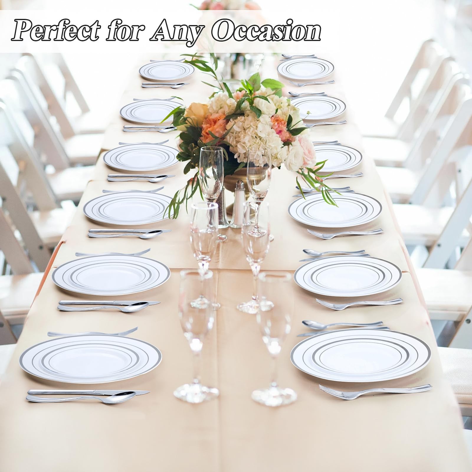 100 Piece Silver Rim Plastic Plates – 50 Dinner Plates 10.25″ & 50 Dessert Pl…