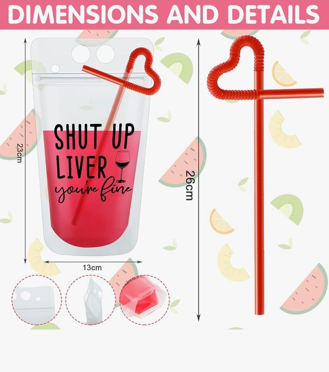 24 Reusable BPA-Free Drink Pouches + 24 Straws Leak-Proof Resealable Party