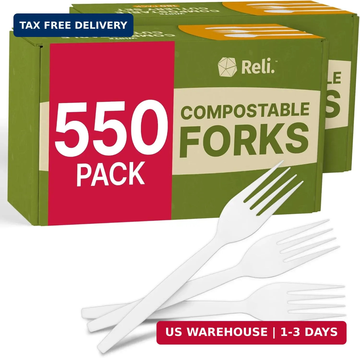 Reli. Compostable Forks (550 Pack) | Disposable Utensils Heavy Duty Forks | Comp