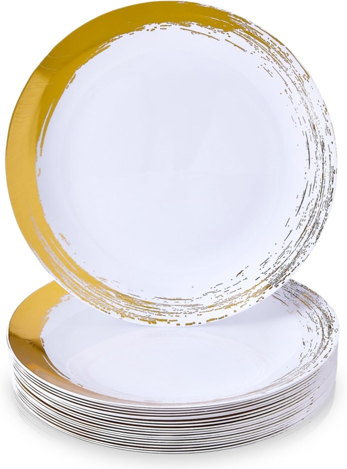 Elegant White Disposable Plastic Dinner Plates W/ Brushed Gold Rim 10.25″ Pack