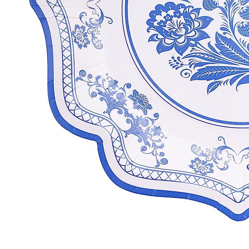 25 White Blue 10 in Floral Disposable Dessert Paper PLATES Scallop Trim Party