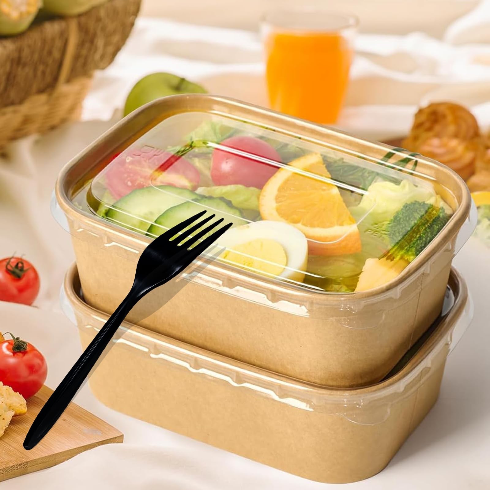 50 Pack 25oz Kraft Paper Square Bowls, Disposable Take Out Containers with Li…