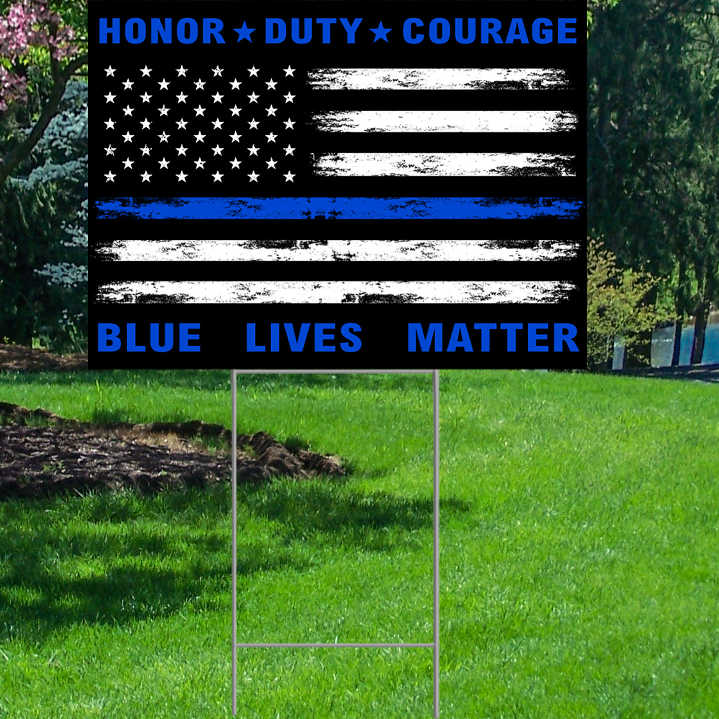 YS2007 American Flag Thin Blue Line Coroplast Plastic Yard Sign Lawn Sign