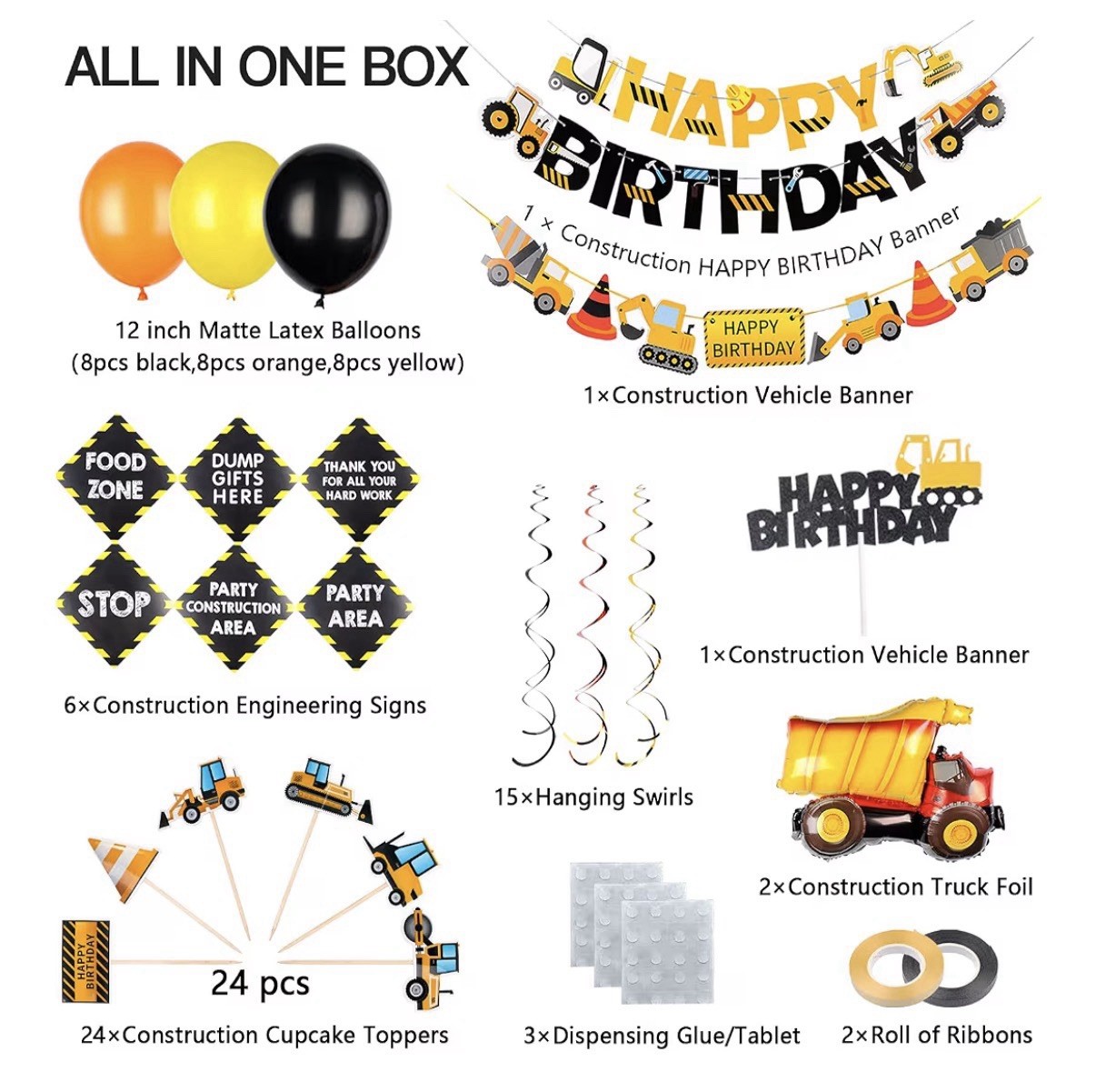 Construction Theme Birthday Party Decor Set w/ Balloons Banners Toppers