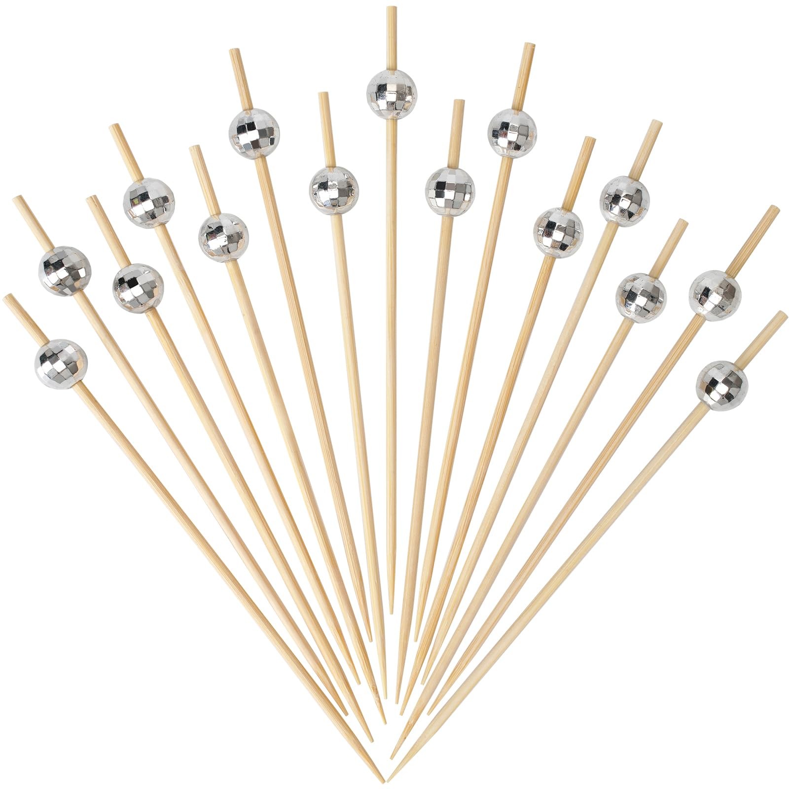 Silver Disco Ball Cocktail Picks, 4.7 Inch Long Bamboo Fancy Toothpicks for A…