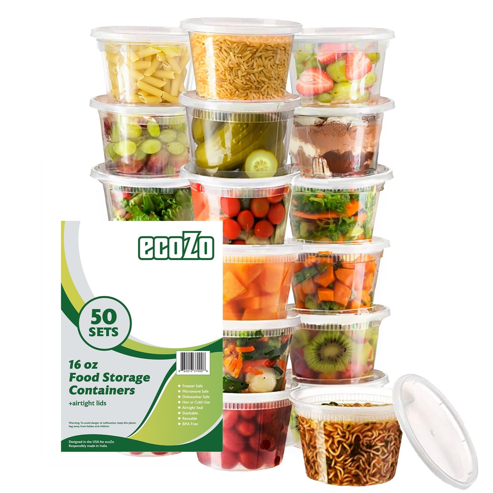 ecoZo 16 oz. Food Storage Containers with Lids [50 Sets] – Soup, Slime, Ice Crea