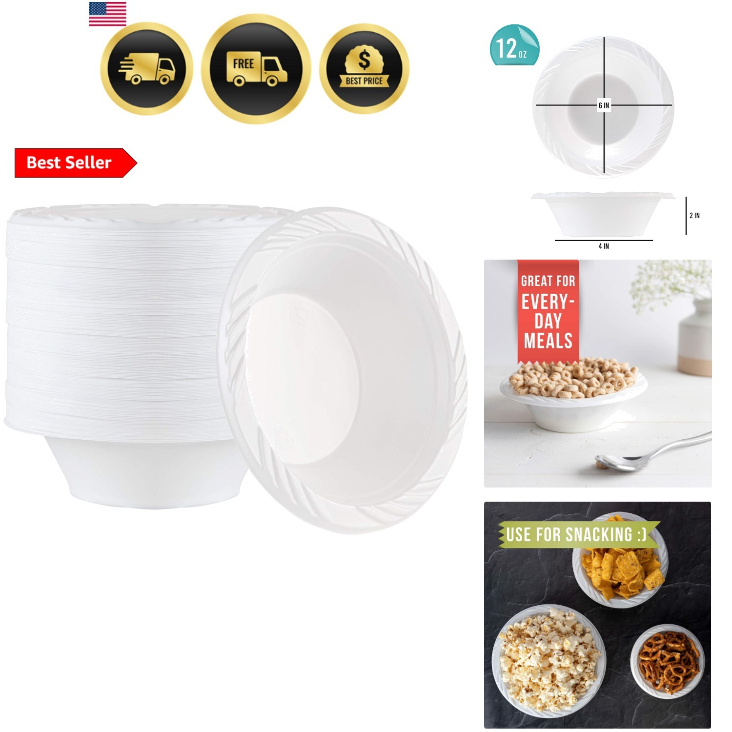 100 Count Disposable 12 ounce White Plastic Soup Bowls
