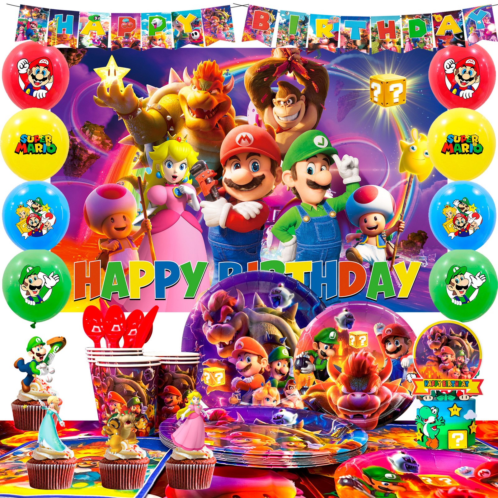 Super Mario Party Decoration Game Birthday Supplies Set Balloon Plates Backdrop