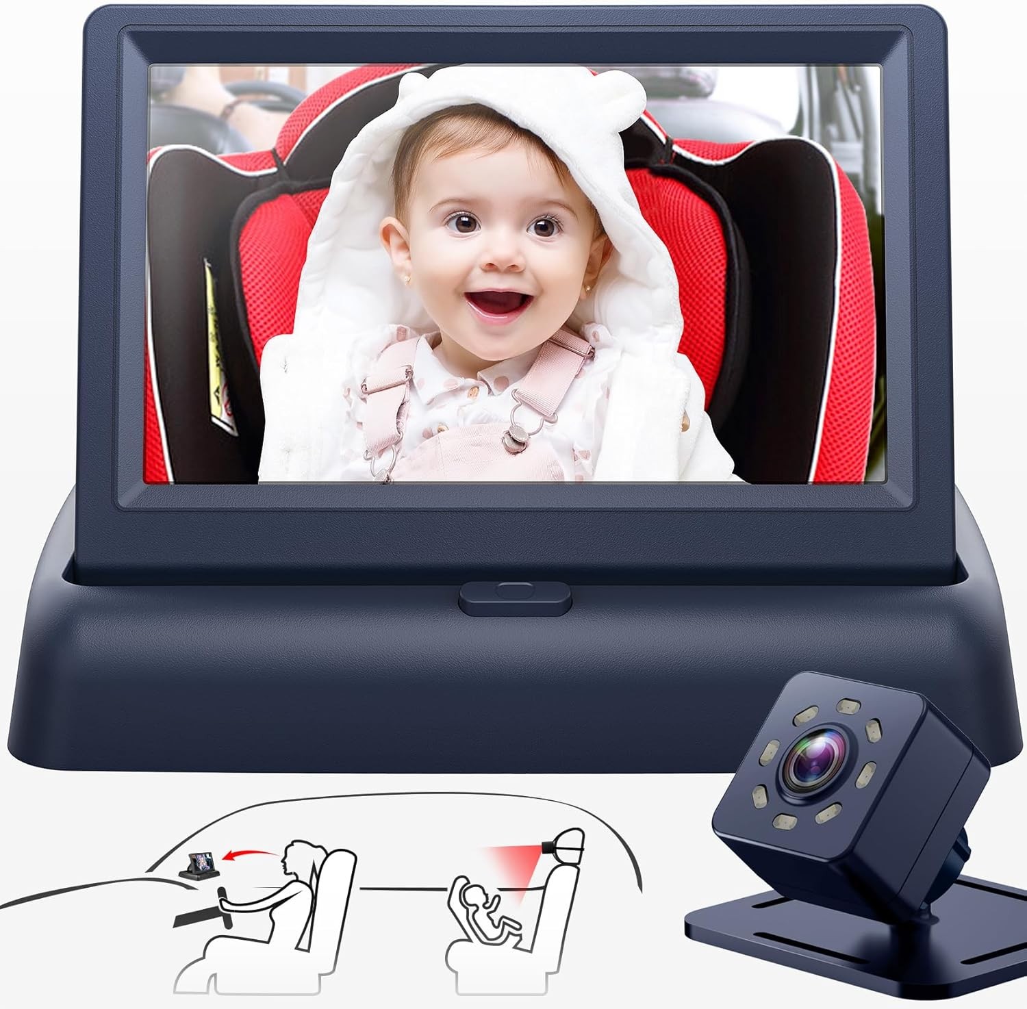 Baby Car Mirror 4.3” HD Night Vision Camera Wide Clear View for Car Seat