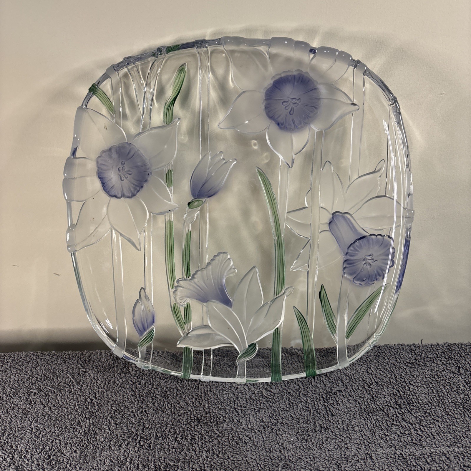Large Mikasa ? Glass Art-Deco Charger Platter – Daffodil Blue / Clear 12″ x 12″