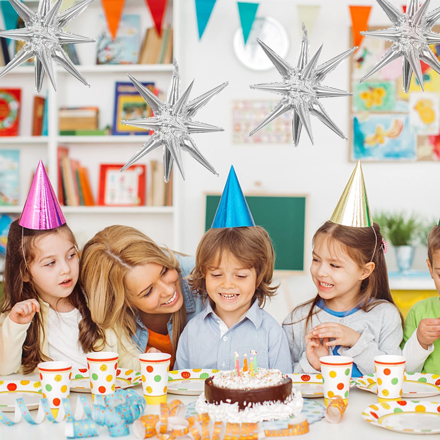 6 Pcs Silver Star Foil Balloons -Piece 14-Pointed Star Balloon 4D Cone Mylar …
